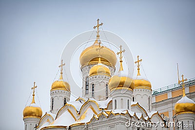 Golden domes and crosses of the Cathedral of the Annunciation in Kremin, Moscow, Russia Stock Photo