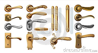 Golden door handles. 3D decorative interior elements from steel or silver and bronze. Realistic furniture for windows Vector Illustration