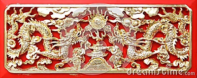 Golden dragon(Chinese: Long) wood carving Stock Photo