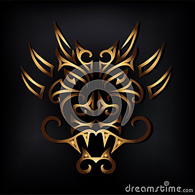 Golden dragon head on black background. Vector Illustration