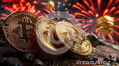 Golden dragon soars above Bitcoin in a festive Chinese New Year scene. Stock Photo