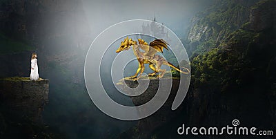 Golden Dragon, Young Girl, Imagination Stock Photo