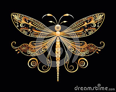 golden dragonfly stripes on a black background. Cartoon Illustration