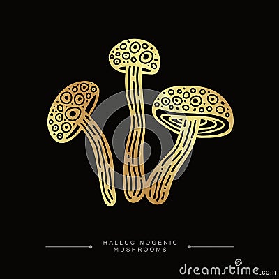 Golden drawing sticker of psilocybin mushrooms. A group of three golden toxic magical hallucinogenic mushrooms. Hand drawn Vector Illustration