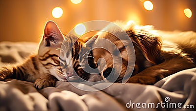 Golden Dreams: A Whimsical Portrait of Kitty Kittens Sleeping To Stock Photo