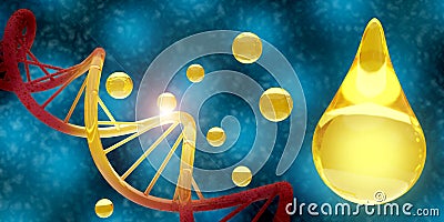 Golden drops of oil on a DNA strand. Cosmetic treatment concept. 3d illustration Cartoon Illustration