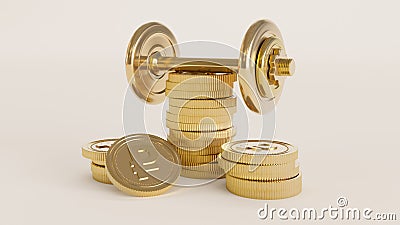 Golden dumbbell withe ruble coin isolated on a white background, Business concept. Stock Photo