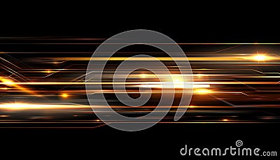 Golden Dynamic Racing Light Trails, Streaks Background with Hi Tech Digital Data Flow Circuit Effect Stock Photo