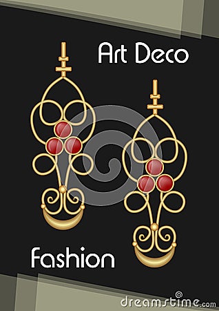 Golden earrings in art deco style with ruby pendant. Red gem on antiquarian pendant Vector Illustration