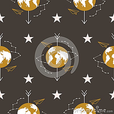 Golden Earth, airplane, stars and cosmic elements, seamless pattern Vector Illustration