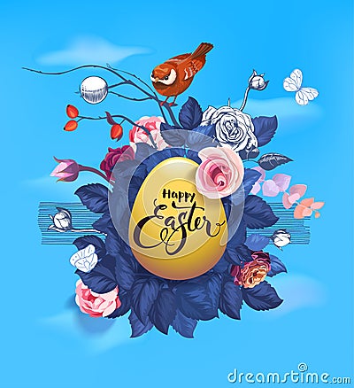 Golden Easter egg, text handwritten with calligraphic font, bunch of semi-colored flowers and little bird sitting on top Vector Illustration