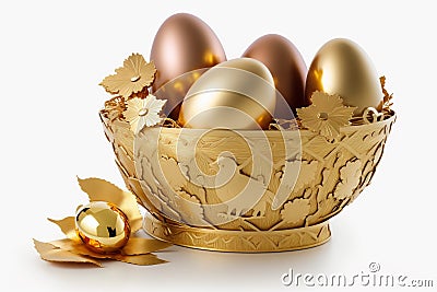 Golden easter eggs in golden basket, white background, generative ai Stock Photo