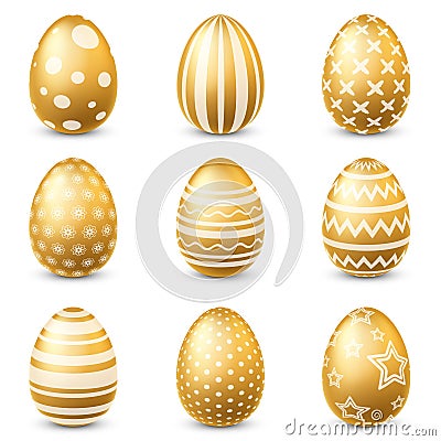 Golden easter eggs. Traditional festive gold egg with ornamental pattern, decorative spring decoration element with Vector Illustration