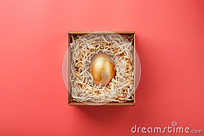 Golden egg in a box on a pink background. The concept of exclusivity, best choice, prize, special surprise, expensive gift Stock Photo