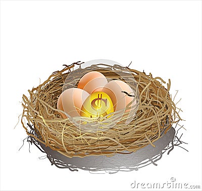 A golden egg and three eggs in a nest Stock Photo