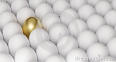 Golden egg among white eggs, symbol of richness or success, 3D render Cartoon Illustration