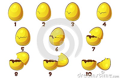 Golden Eggs, 10 Steps animations egg . Vector Easter symbol. Normal, damaged and broken. Vector Illustration