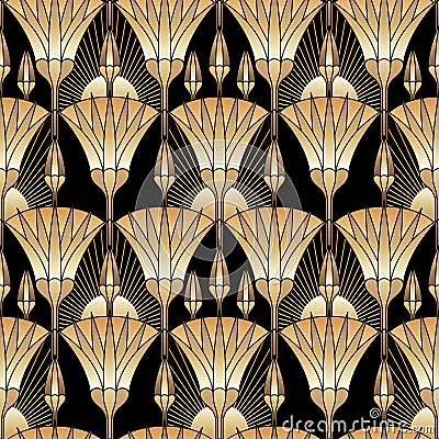 Golden Egyptian Lotus Art Deco Seamless Pattern Vector Illustration