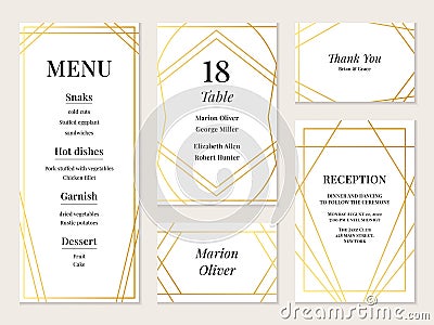Golden elegant wedding menu with frame and text. Invitation elegant template collection. Gold corporate cards set Vector Illustration