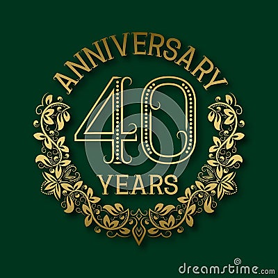 Golden emblem of fortieth years anniversary. Celebration patterned logotype Vector Illustration