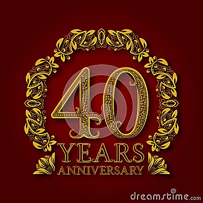 Golden emblem of fortieth years anniversary. Celebration patterned logotype with shadow on red Vector Illustration