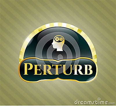 Golden emblem with head with gears inside icon and Perturb text inside EPS10 Vector Illustration