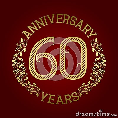 Golden emblem of sixtieth anniversary. Celebration patterned sign on red Vector Illustration