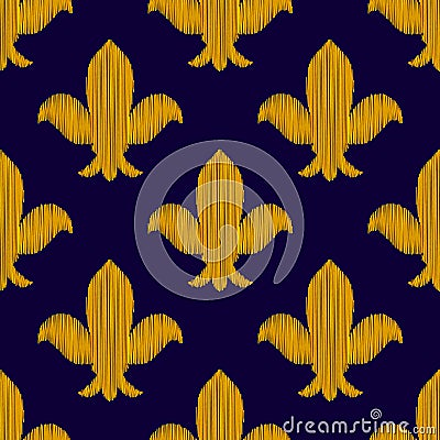 Golden embroidered royal lily ornament on dark blue seamless pattern, vector Vector Illustration
