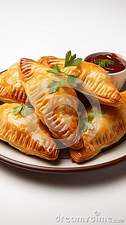 Golden empanadas, stuffed with savory fillings, on a clean white background Stock Photo