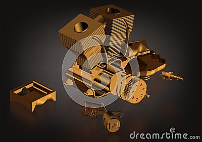 Golden engine disassembled on a black Stock Photo