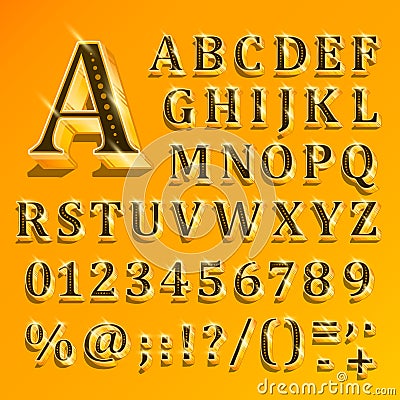 Golden English alphabet on yellow background. Vector Vector Illustration