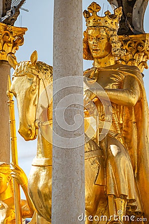 Golden Equestrian statue of Magdeburger Reiter, King and Knight, Magdeburg, Germany, Stock Photo