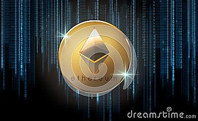 Golden ether coin over binary code on black Editorial Stock Photo