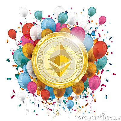 Golden Ethereum Balloons Confetti Vector Illustration