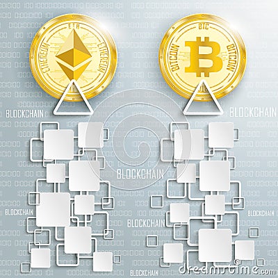 Golden Ethereum Bitcoin Coins Blockchain Squares Data Vector Illustration