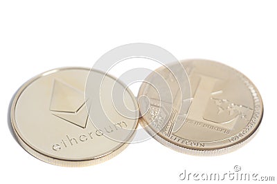 Golden Ethereum and Litecoin crypto currency coins Editorial Stock Photo