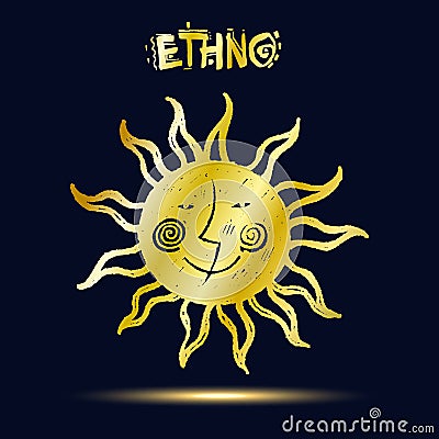 Golden ethnic symbol on dark blue background. Sun and moon. Sketch style vector illustration Vector Illustration