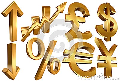 Golden euro dollar pound yen arrow Stock Photo