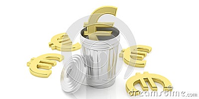 Golden euro symbol and steel trash can on white background. 3d illustration Cartoon Illustration