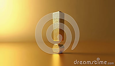Golden exclamation mark on gold background. 3D render of warning concept, problem notification, error message, critical update. Stock Photo