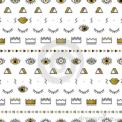 Golden eyes pattern with lips, crown, lightning and geometric shapes in memphis style. Fashion background in 80s Vector Illustration