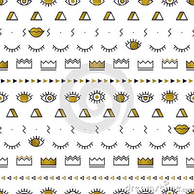 Golden eyes pattern with lips, crown, lightning and geometric shapes in memphis style. Fashion background in 80s Vector Illustration