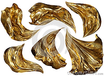 Golden Fabric Flying On Wind, Flowing Waving Gold Shine Cloth Stock Photo