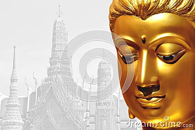 The golden face of the old Buddha statue with temple backdrop in Stock Photo