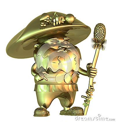 Golden fairy gnome mushroom-shaped with a stick Cartoon Illustration