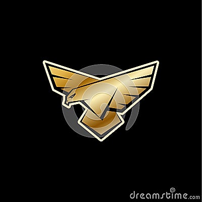 Golden Falcon logo. A bird with large wings is landing. Flat logo template with a bird of prey, falcon or eagle. Vector Illustration