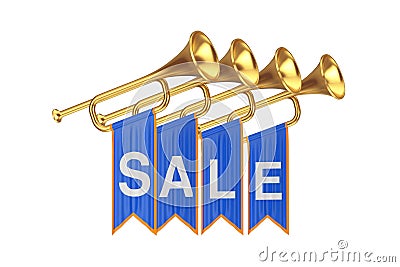 Golden Fanfare Trumpets with Sale Sign Blue Flags. 3d Rendering Stock Photo