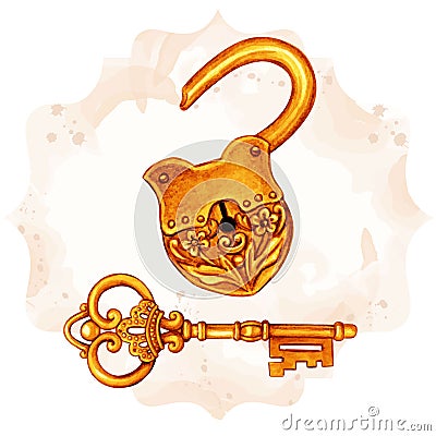 Golden fantasy victorian key and open lock Vector Illustration
