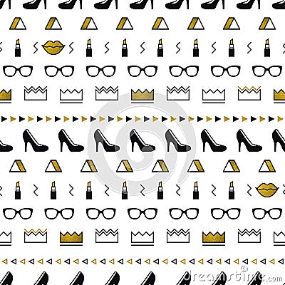 Golden fashion accessories pattern with black high heel shoes, lips, lipstick, gold crown, sunglasses in memphis style Vector Illustration