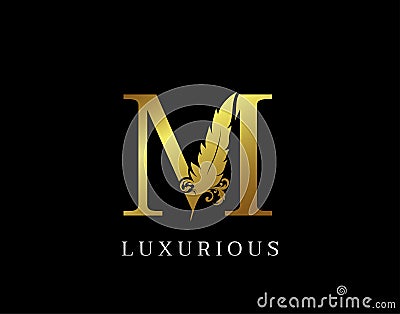 Golden Feather Letter M Luxury Brand Logo icon, vector design concept feather with letter for initial luxury business, firm, law Vector Illustration